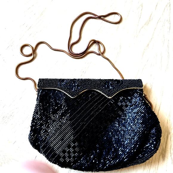 VTG BLACK Heavily BEADED EVENING purse gold trim clutch Bechamel CROSSBODY prom - Picture 2 of 15